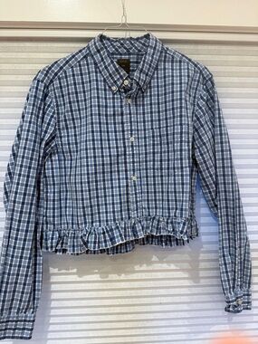 GAP Blue and White Plaid Ruffle Hem Button-Up Shirt